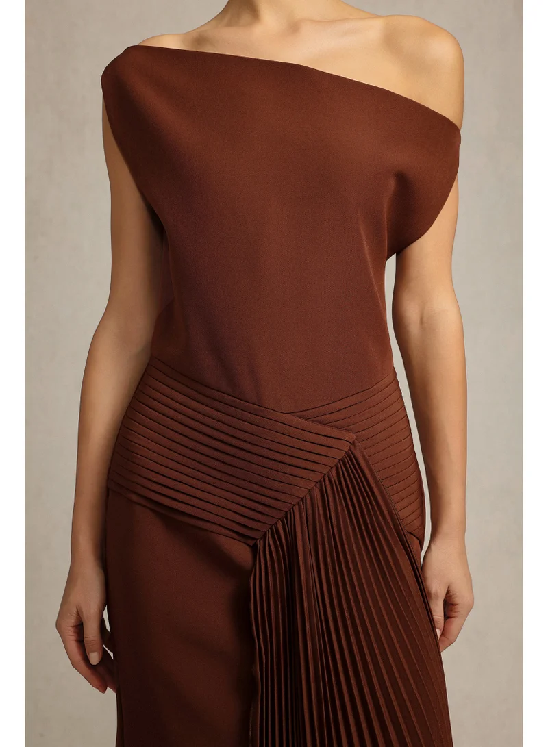 Bella Barnett  Paulina Oblique Shoulder Sleeveless Folds Brown Midi Dress for Women | Best Price UAE